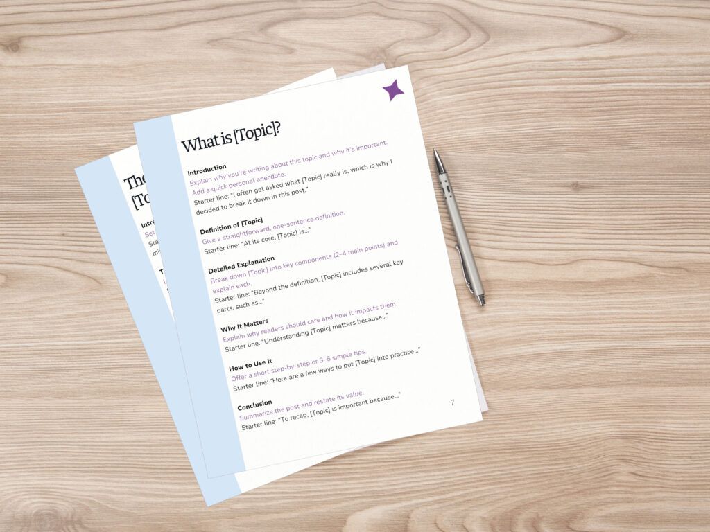 Document template for writing about a topic on desk.