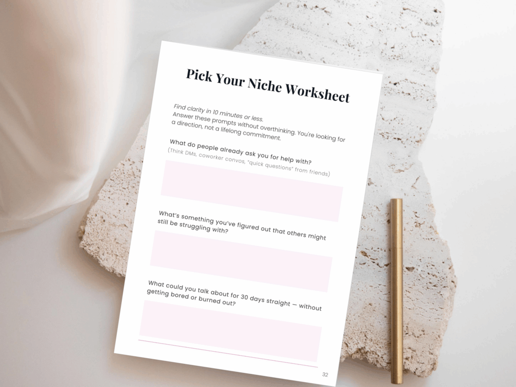 Pick Your Niche Worksheet on stone surface with pen.