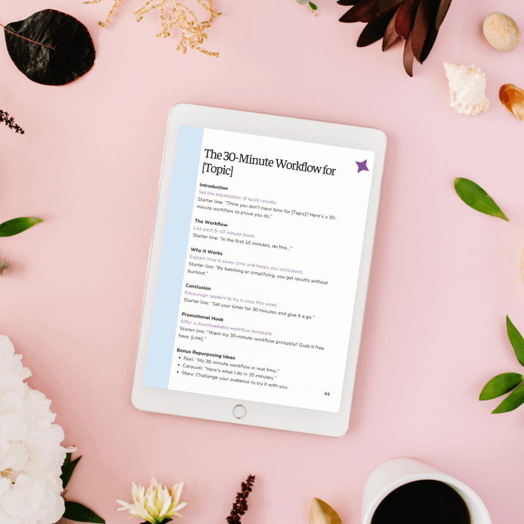 Tablet with 30-minute workflow guide on pink background.