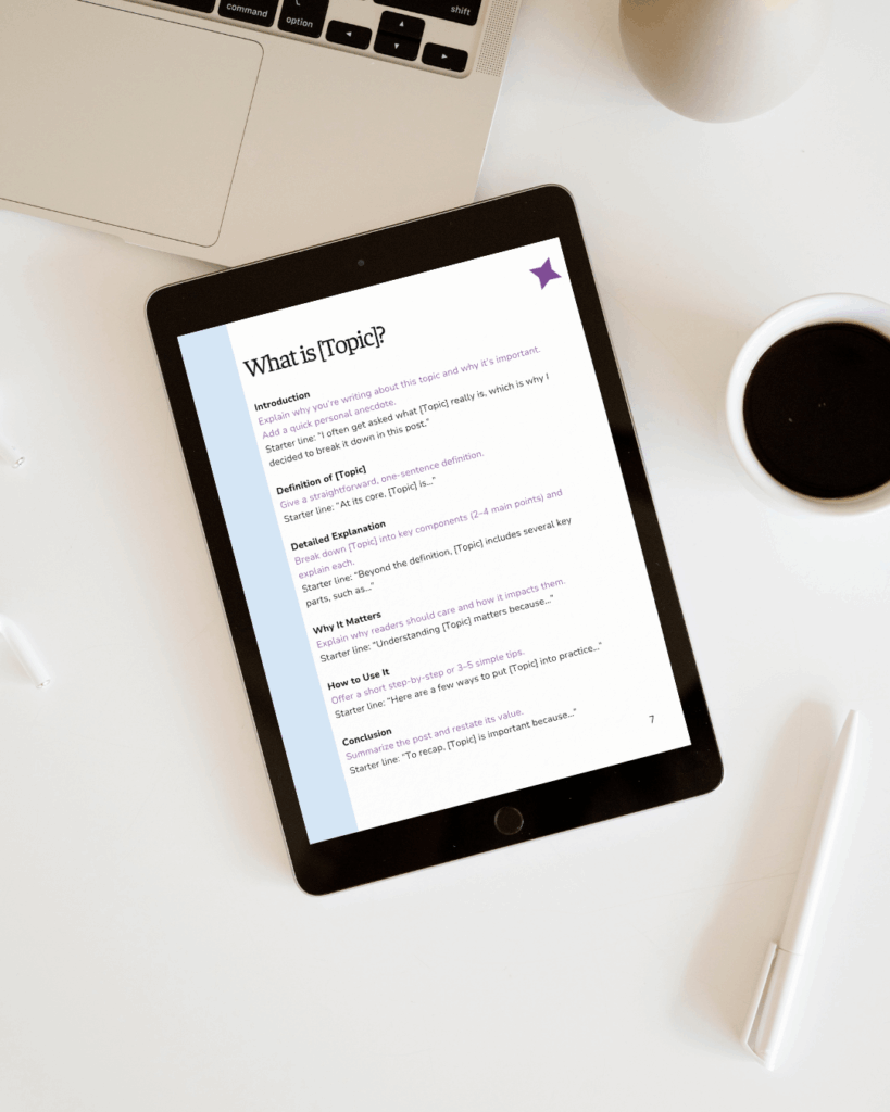 Tablet displaying document on topic writing guide.