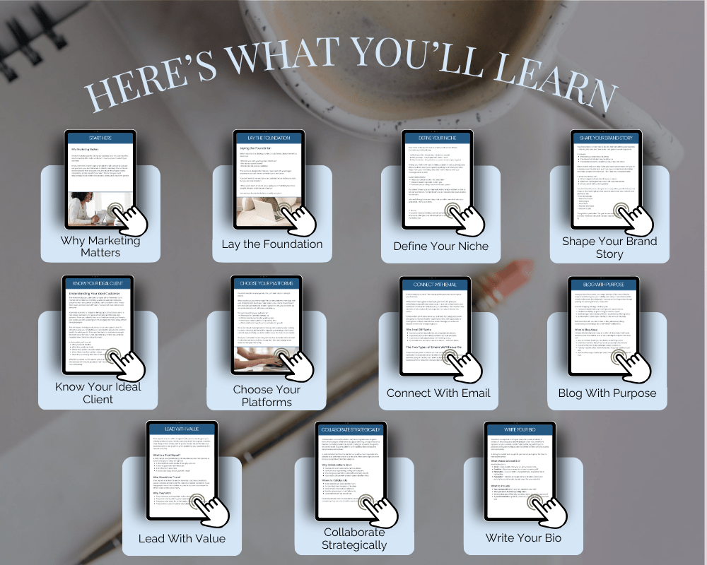 Marketing course modules displayed with coffee in background.