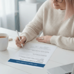 Woman reviewing nutrition document at desk.