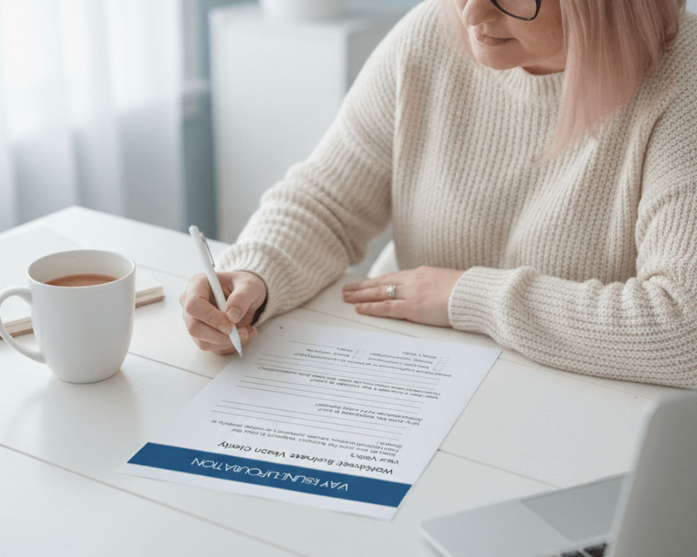 Woman reviewing nutrition document at desk.