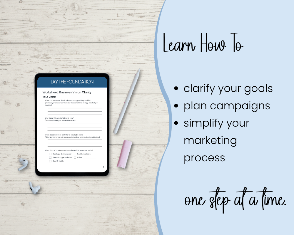 Business vision worksheet and marketing goals list.