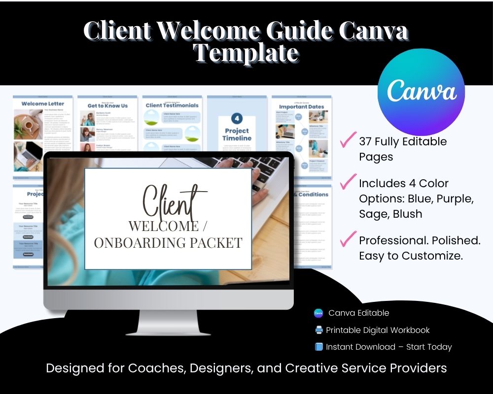Client welcome guide Canva template overview.