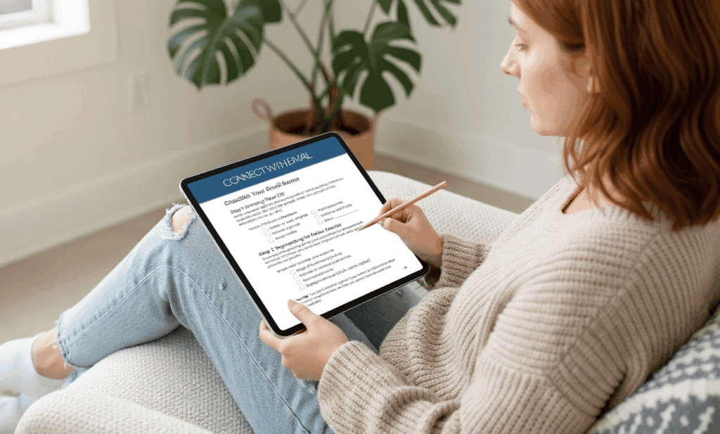 Woman using tablet with email planner document