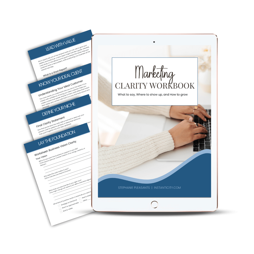 Marketing workbook with strategy guides on tablet.