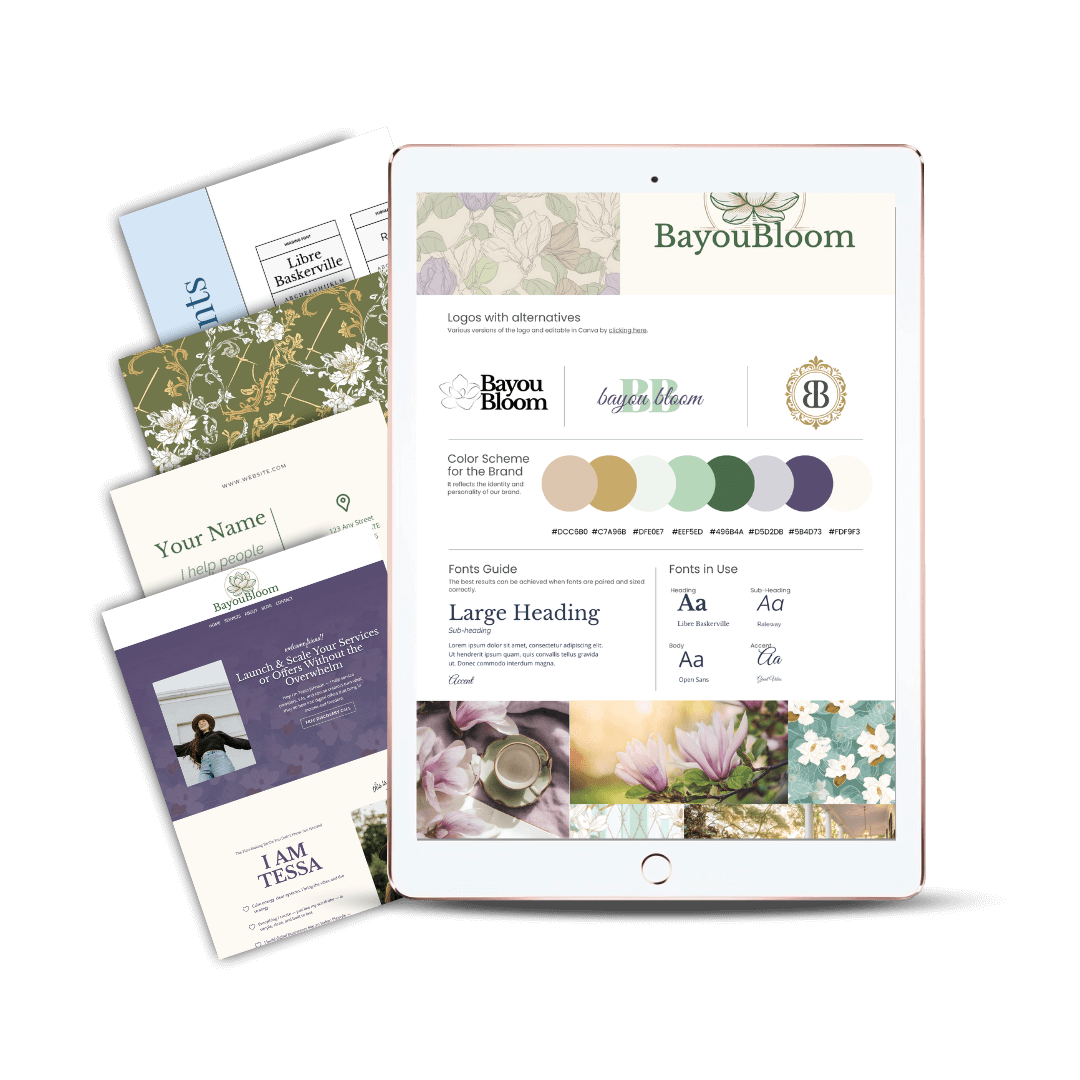 Bayou Bloom brand guide with logo and colors.