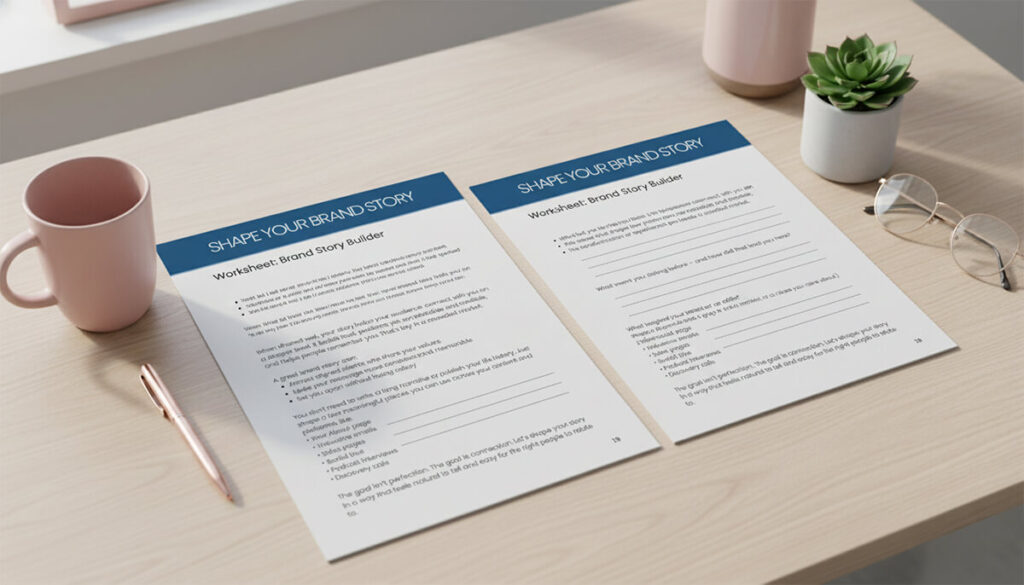 Brand story builder worksheets on desk