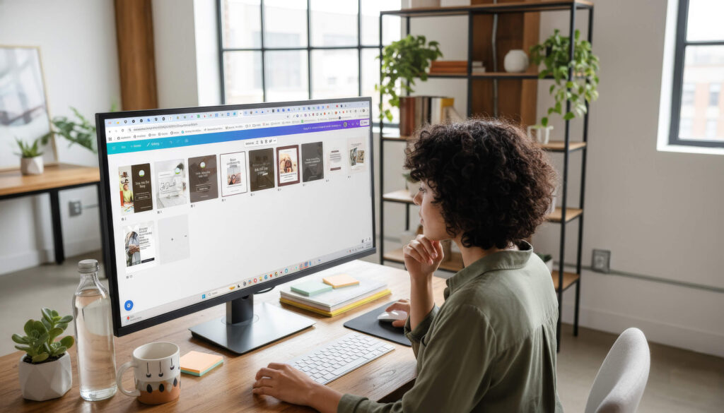Person working at computer in home office.