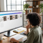 Person working at computer in home office.