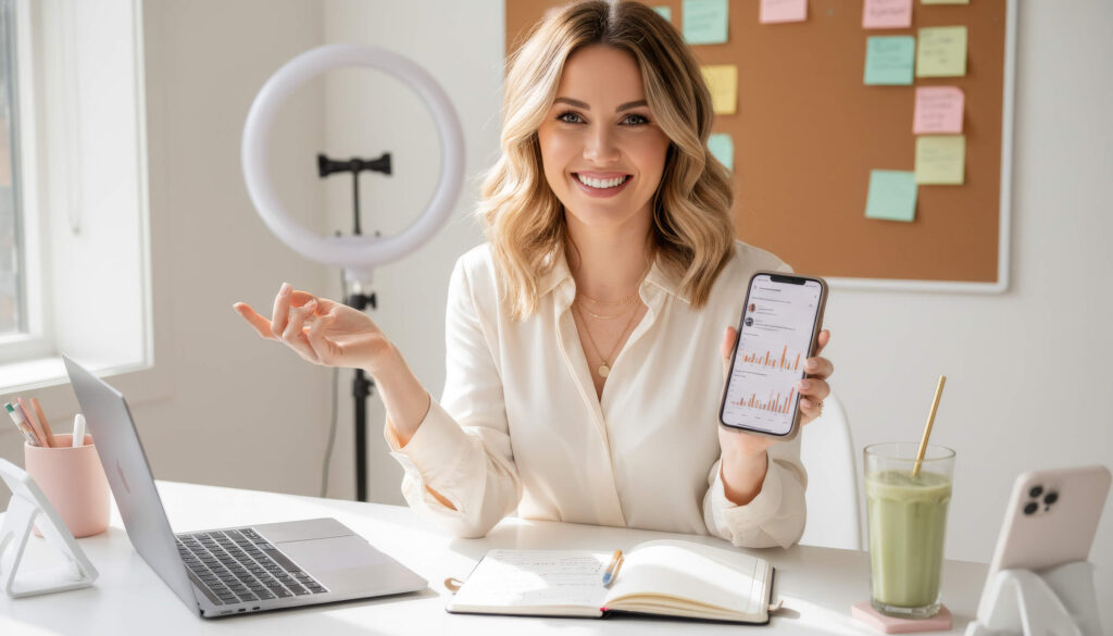 Woman using smartphone and laptop at desk