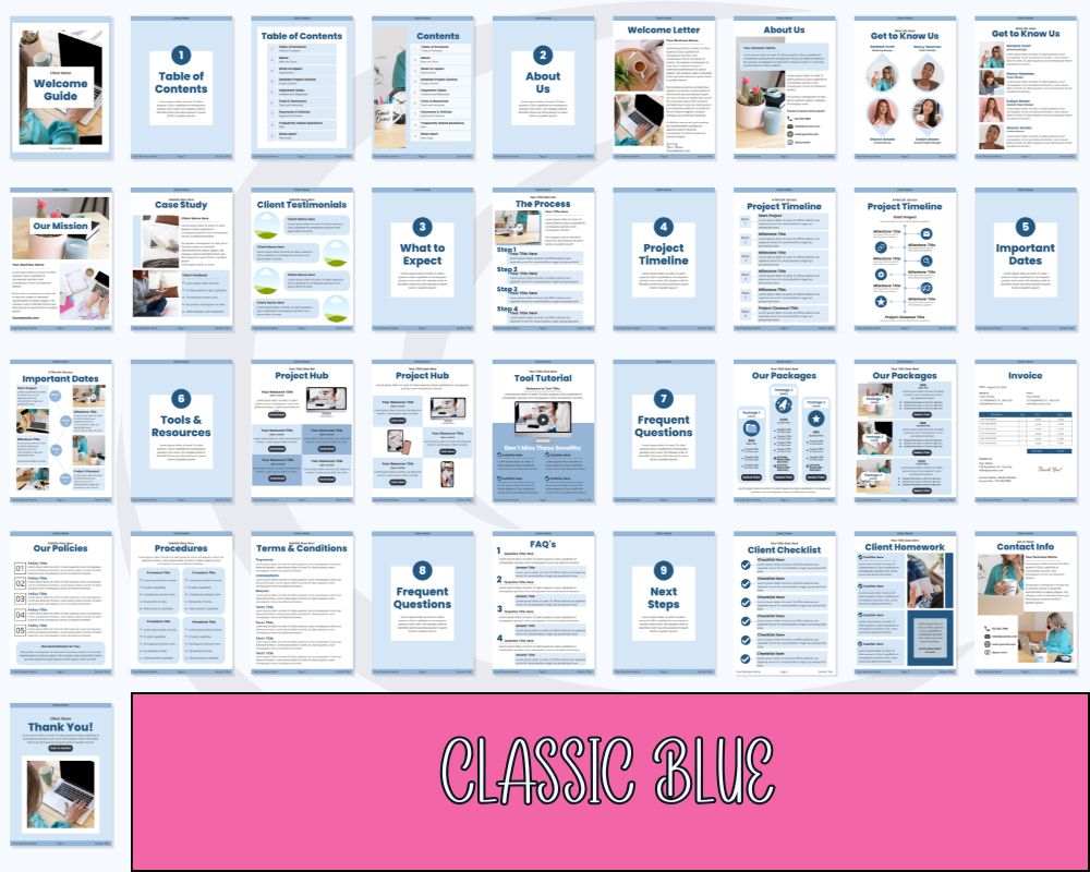 Classic Blue welcome guide with multiple pages displayed.