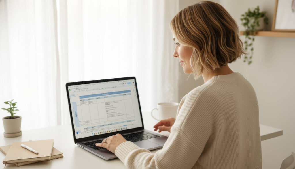 Woman working on laptop at home desk