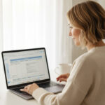 Woman working on laptop at home desk