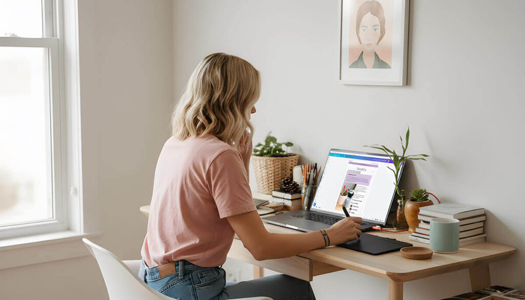 Woman working at desk with laptop