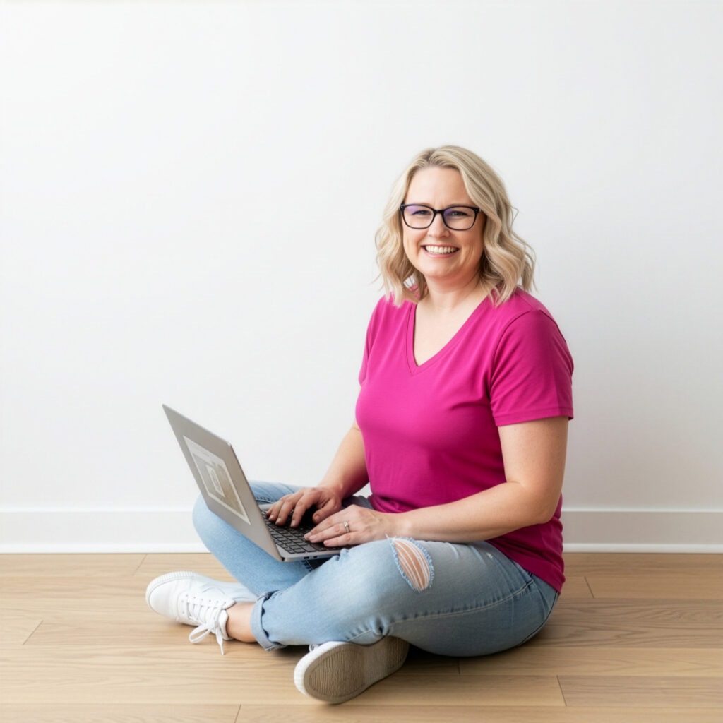 Smiling woman in pink shirt using laptop on floor.