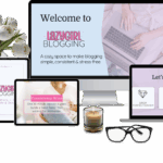 Lazy Girl Blogging course overview with devices and flowers.