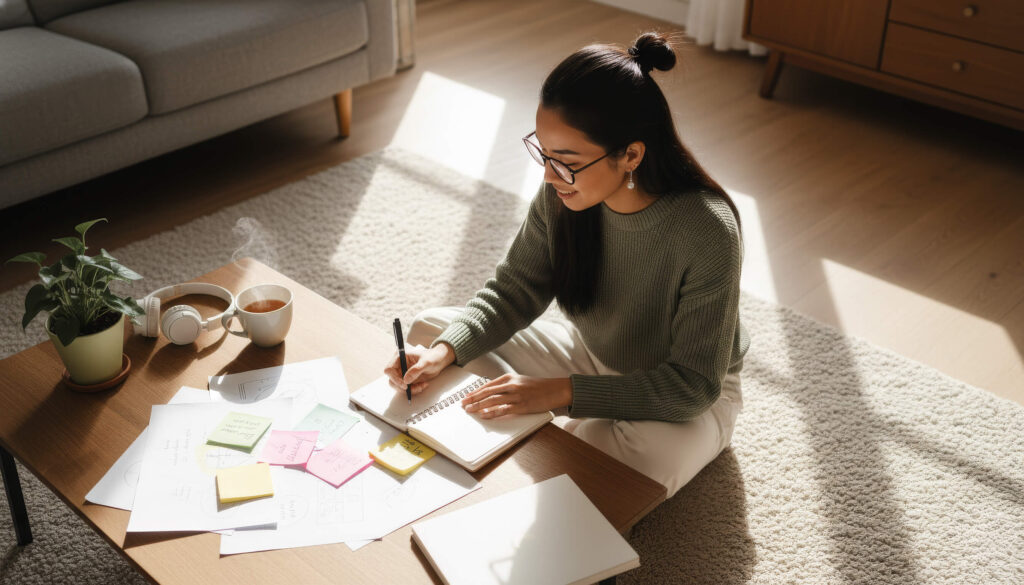 Person writing notes on floor with coffee nearby.