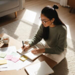 Person writing notes on floor with coffee nearby.