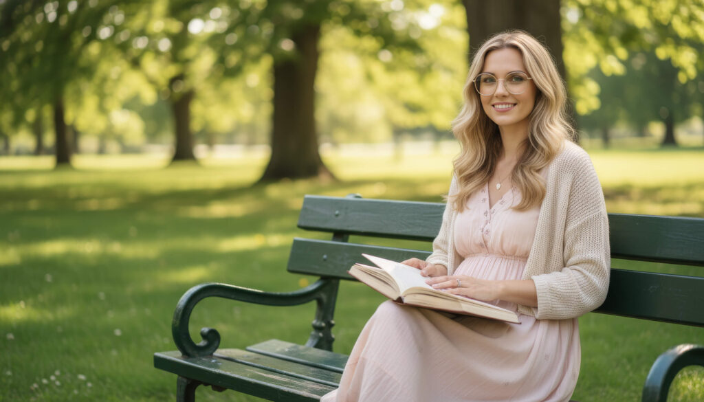 Smiling woman reading on park bench.