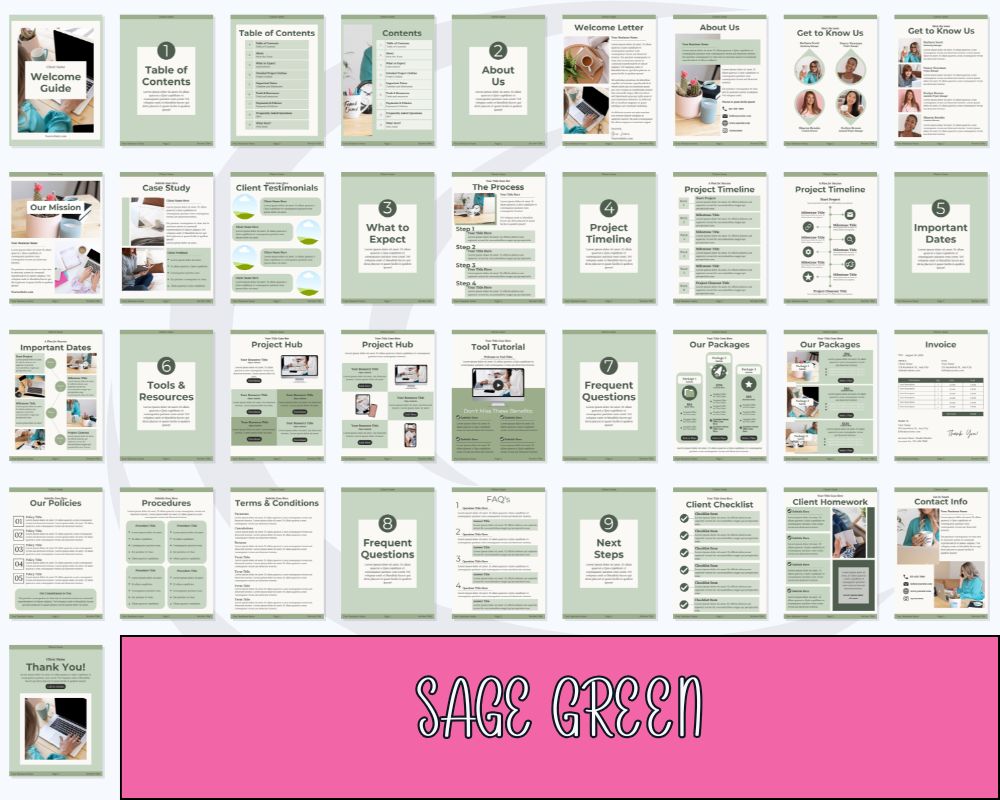 Welcome guide with sage green theme.