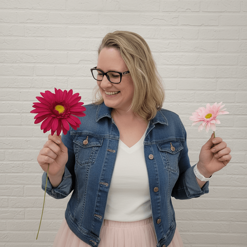 Smiling woman holding pink flowers