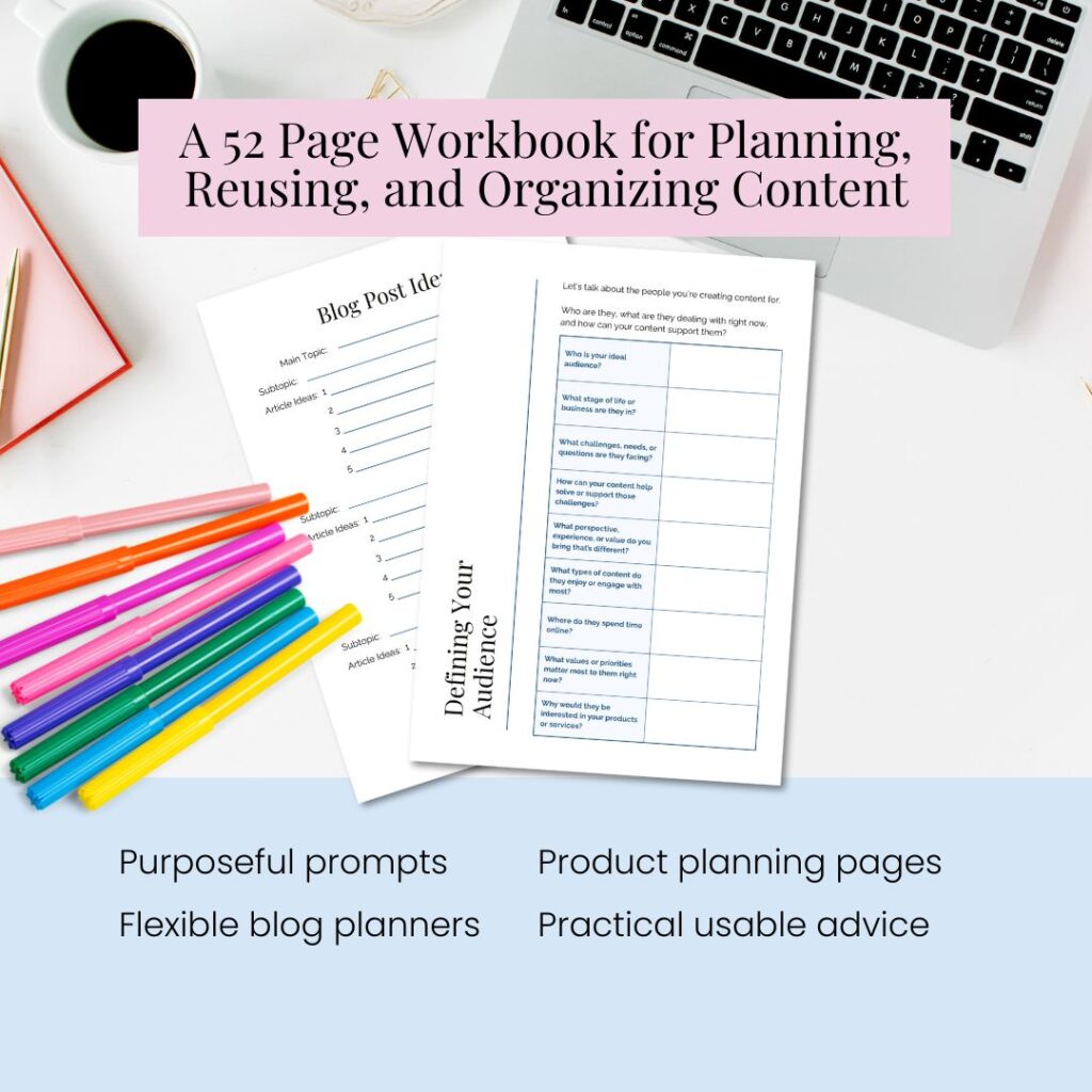 Content planning workbook with colorful pens on desk.