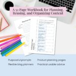 Content planning workbook with colorful pens on desk.