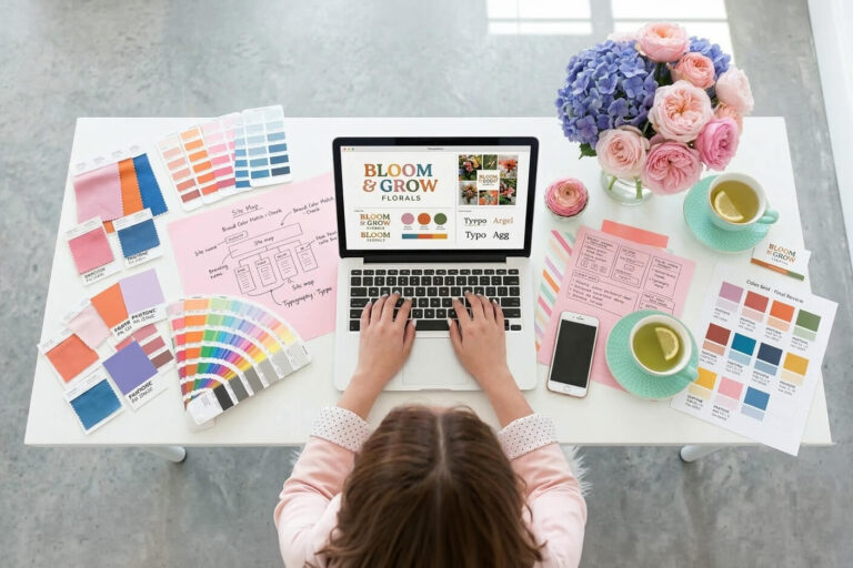 Person designing floral brand on laptop