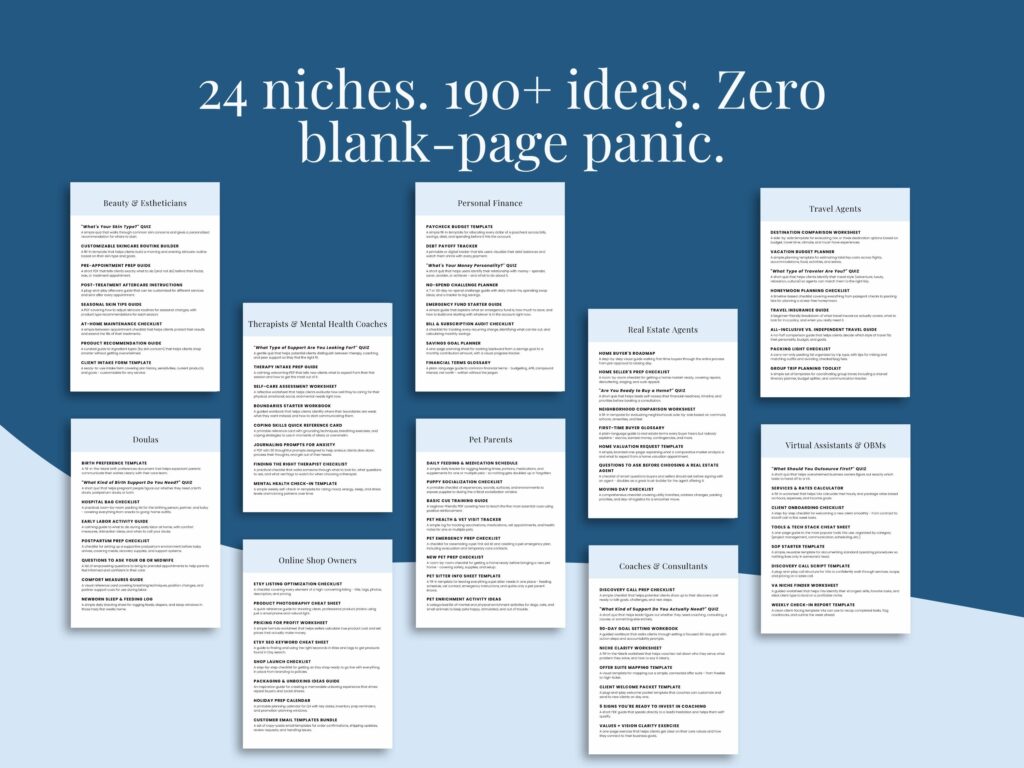 Templates for niche business ideas displayed on paper