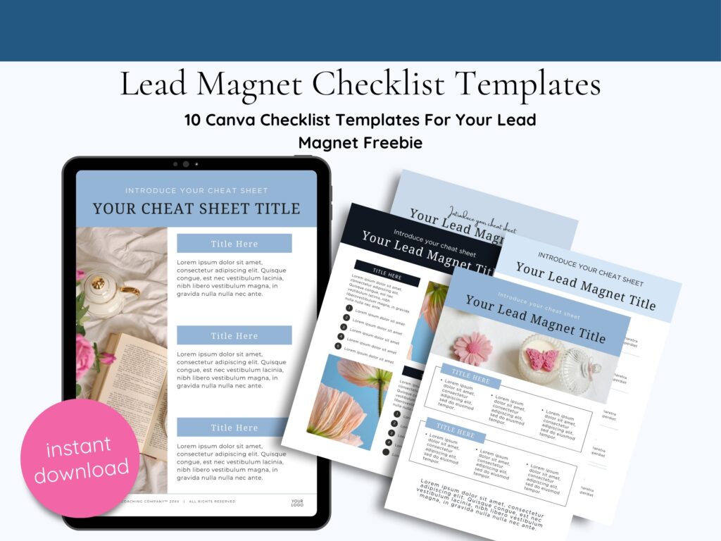 Lead magnet checklist templates displayed on tablet and pages