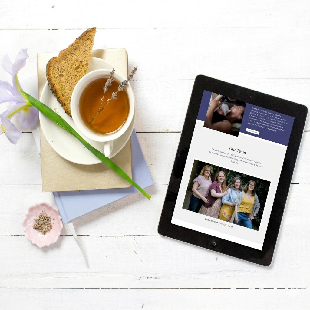 Tea, toast, and tablet on white table