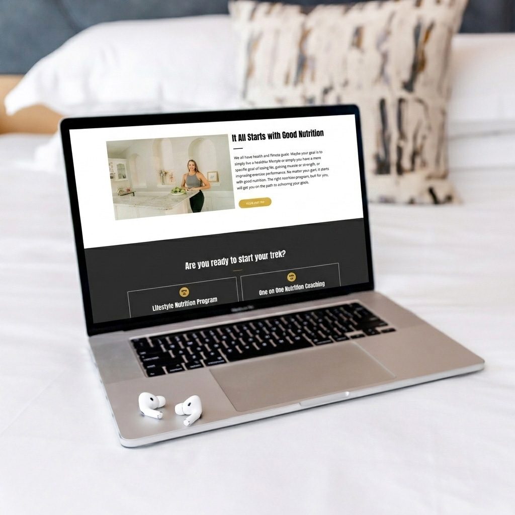 Laptop displaying online nutrition coaching website on bed