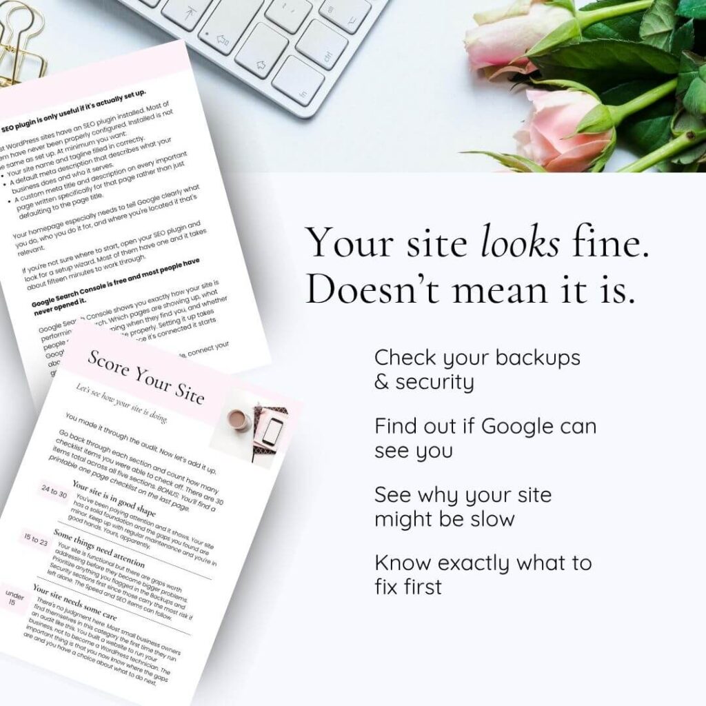 Website audit checklist beside keyboard and roses