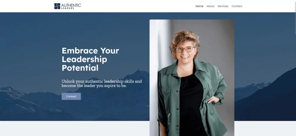 Leadership coaching website homepage with smiling woman