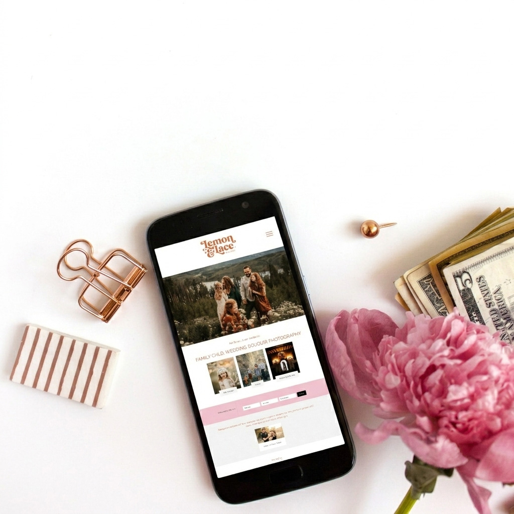 Smartphone displaying photography website beside pink peony