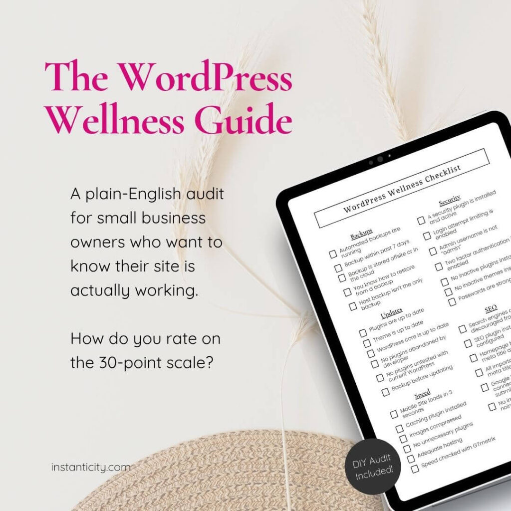 WordPress Wellness Guide with checklist on tablet