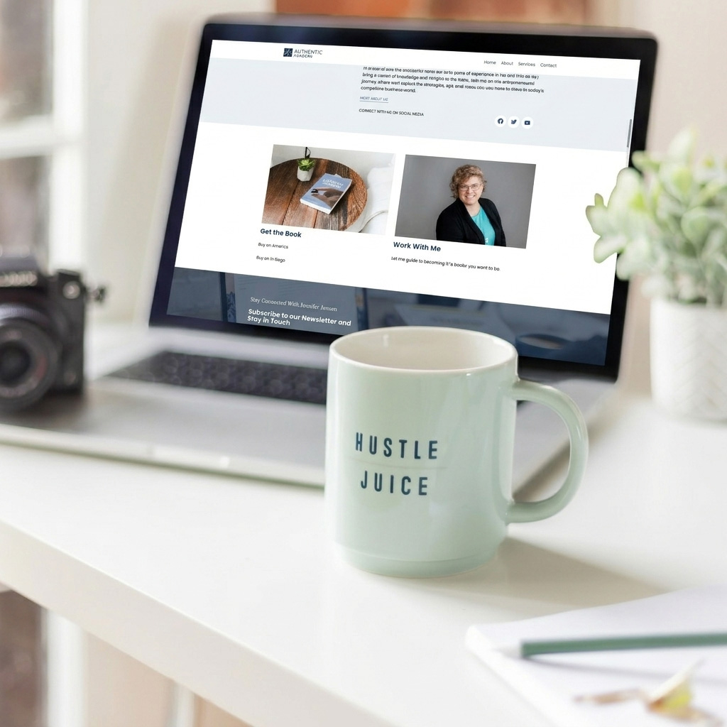 Laptop workspace with Hustle Juice mug