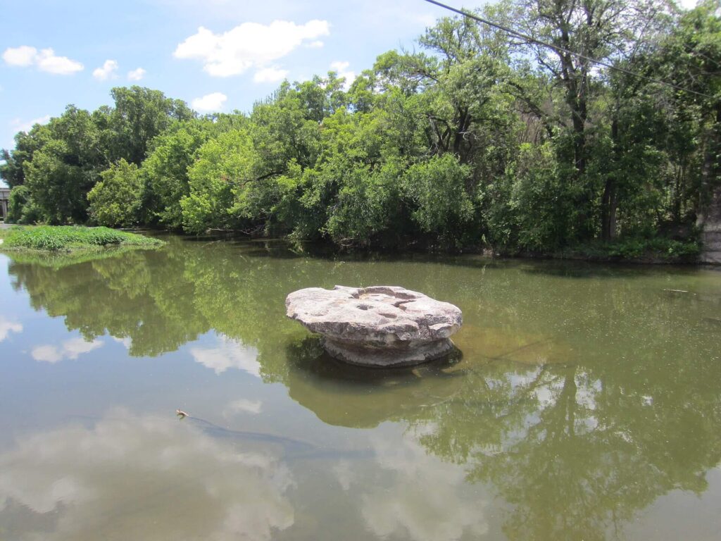 Large stone slab in calm tree-lined pond