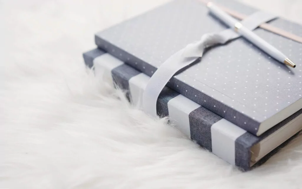 Gray polka-dot notebooks with pen and ribbon on white fur