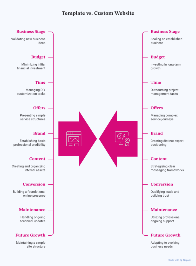 Template versus custom website business comparison infographic