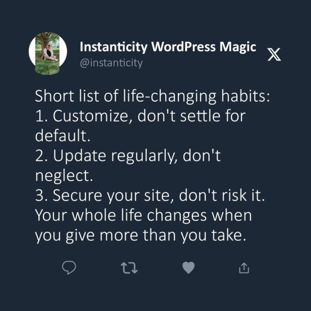 Navigating WordPress is a breeze with these habits:
1. Tailor your theme to stand out.
2. Keep plugins fresh for peak performance.
3. Protect your work with strong security.

With @instanticity, dive deep into WordPress functionalities & say goodbye to tech headaches. Managing your site effectively helps you focus on growing your biz. 🚀

Need a hand? Explore our care plans for WordPress websites.

#WordPressTips #WebDesign #Instanticity